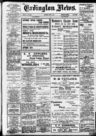 cover page of Erdington News published on April 1, 1911