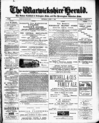 cover page of Warwickshire Herald published on April 1, 1886
