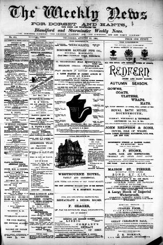 cover page of Blandford Weekly News published on August 27, 1891