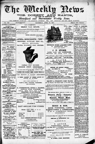 cover page of Blandford Weekly News published on April 21, 1892