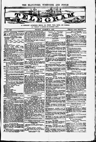 cover page of Blandford and Wimborne Telegram published on August 2, 1878