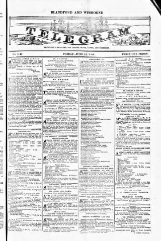 cover page of Blandford and Wimborne Telegram published on June 13, 1884