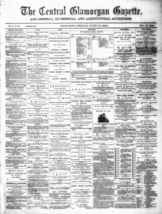 cover page of Central Glamorgan Gazette published on June 13, 1884