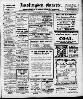 cover page of Haslingden Gazette published on August 2, 1924