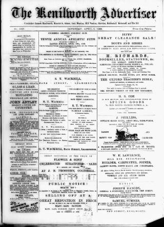 cover page of Kenilworth Advertiser published on April 1, 1882