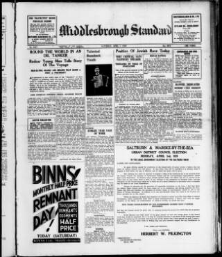 cover page of Middlesbrough Standard published on April 1, 1939
