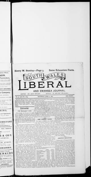 cover page of Swansea Journal and South Wales Liberal published on June 13, 1891