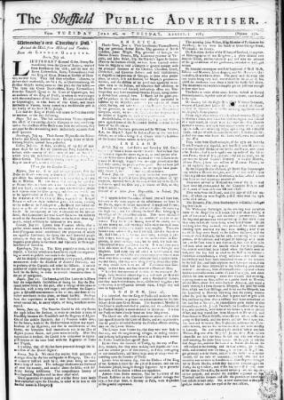 cover page of Sheffield Public Advertiser published on August 2, 1763