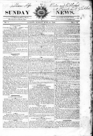 cover page of Sunday News published on June 29, 1823