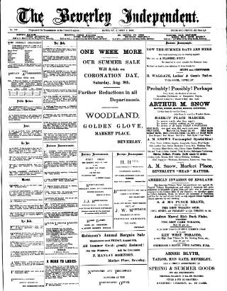 cover page of Beverley Independent published on August 2, 1902