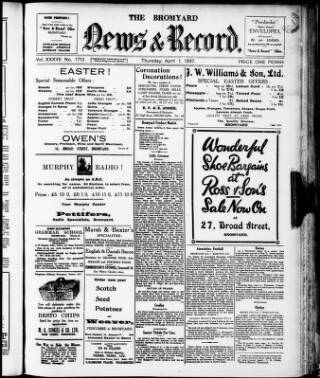 cover page of Bromyard News published on April 1, 1937
