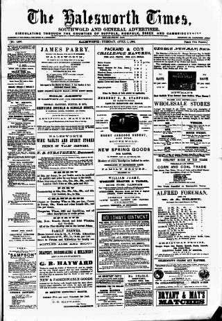 cover page of Halesworth Times published on April 1, 1884