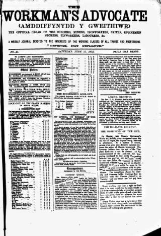 cover page of Workman's Advocate (Merthyr Tydfil) published on June 13, 1874