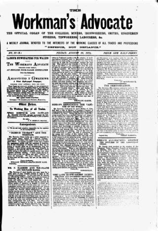 cover page of Workman's Advocate (Merthyr Tydfil) published on August 28, 1874