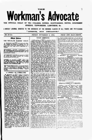 cover page of Workman's Advocate (Merthyr Tydfil) published on November 6, 1874