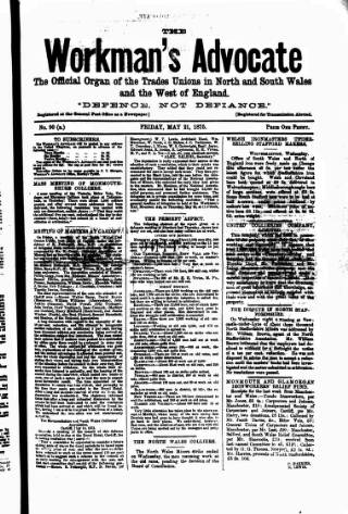 cover page of Workman's Advocate (Merthyr Tydfil) published on May 21, 1875