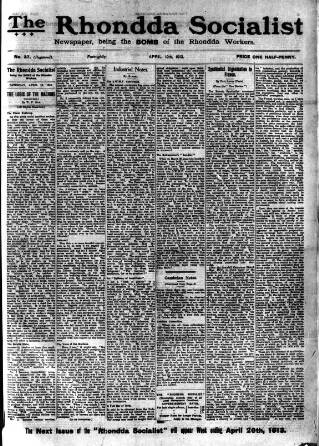 cover page of Rhondda Socialist Newspaper published on April 12, 1913