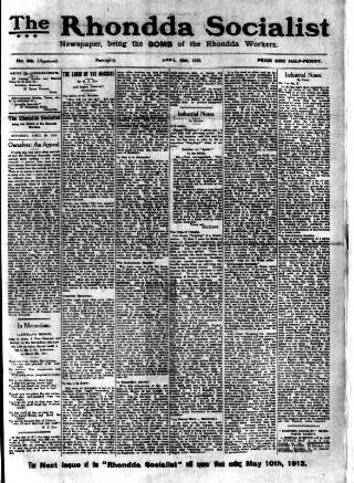 cover page of Rhondda Socialist Newspaper published on April 26, 1913