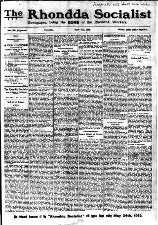 cover page of Rhondda Socialist Newspaper published on May 10, 1913