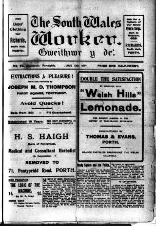 cover page of Rhondda Socialist Newspaper published on June 13, 1914