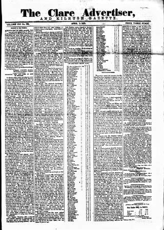 cover page of Clare Advertiser and Kilrush Gazette published on April 1, 1871