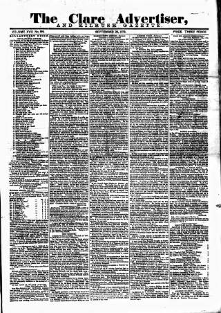 cover page of Clare Advertiser and Kilrush Gazette published on September 28, 1872