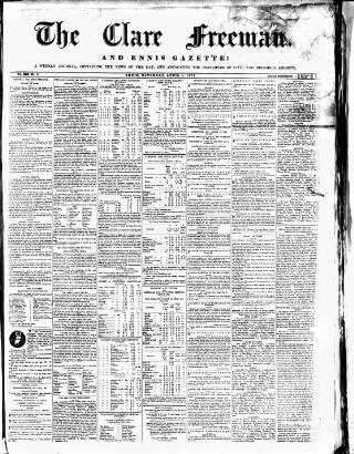 cover page of Clare Freeman and Ennis Gazette published on April 1, 1871