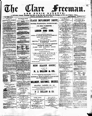 cover page of Clare Freeman and Ennis Gazette published on May 22, 1875