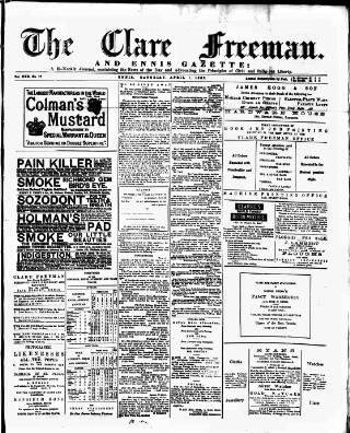 cover page of Clare Freeman and Ennis Gazette published on April 1, 1882
