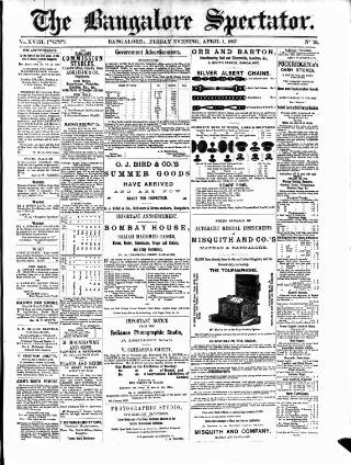 cover page of Bangalore Spectator published on April 1, 1887