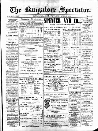 cover page of Bangalore Spectator published on April 1, 1889