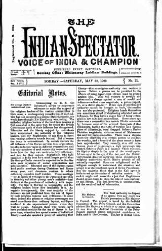 cover page of Voice of India published on May 22, 1909