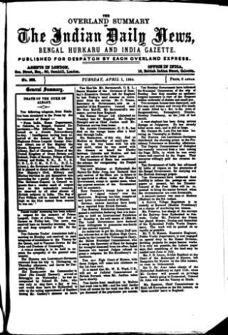 cover page of Indian Daily News published on April 1, 1884