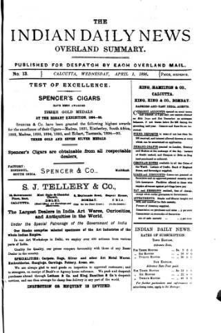 cover page of Indian Daily News published on April 1, 1896
