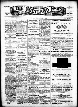 cover page of Shetland News published on August 2, 1923
