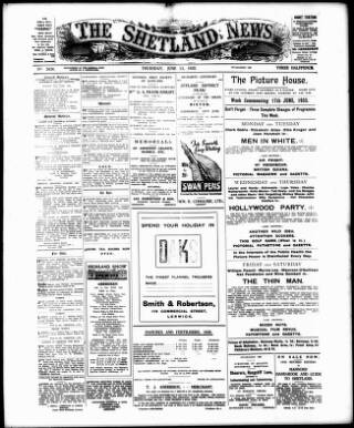 cover page of Shetland News published on June 13, 1935