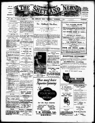 cover page of Shetland News published on November 2, 1939
