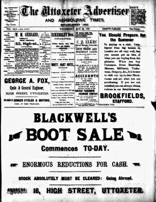 cover page of Uttoxeter Advertiser and Ashbourne Times published on May 22, 1907