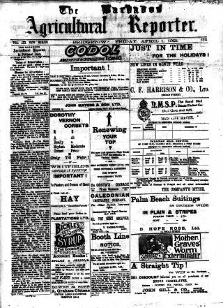 cover page of Barbados Agricultural Reporter published on April 1, 1921