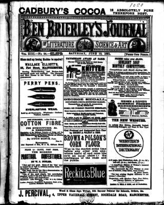 cover page of Ben Brierley's Journal published on June 13, 1891