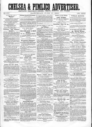 cover page of Chelsea & Pimlico Advertiser published on June 13, 1863