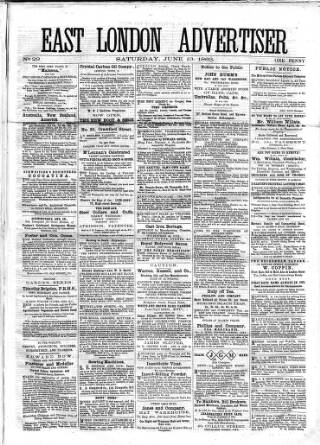 cover page of East London Advertiser published on June 13, 1863