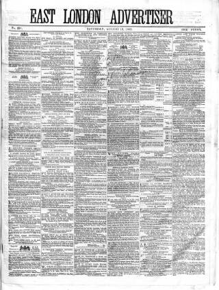 cover page of East London Advertiser published on August 12, 1865