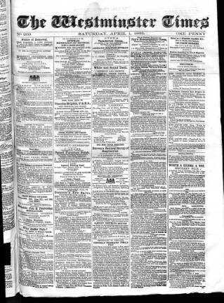 cover page of Westminster Times published on April 1, 1865