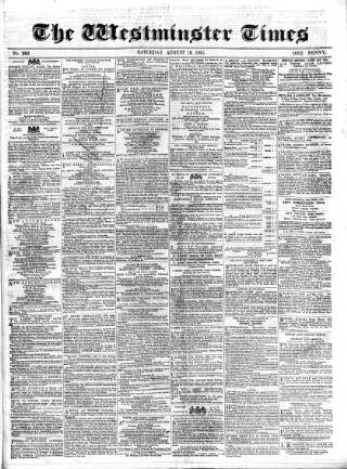 cover page of Westminster Times published on August 19, 1865