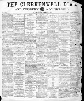 cover page of Clerkenwell Dial and Finsbury Advertiser published on April 25, 1863