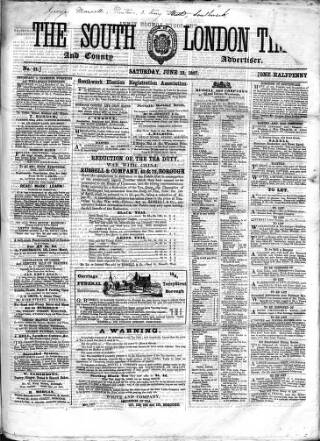 cover page of South London Times and Lambeth Observer published on June 13, 1857