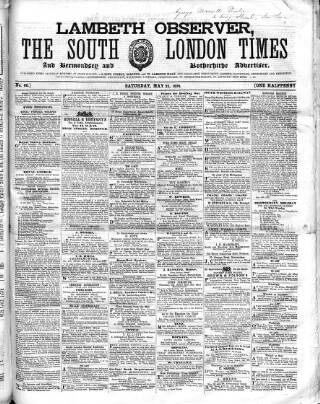 cover page of South London Times and Lambeth Observer published on May 22, 1858