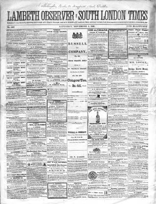cover page of South London Times and Lambeth Observer published on November 2, 1861