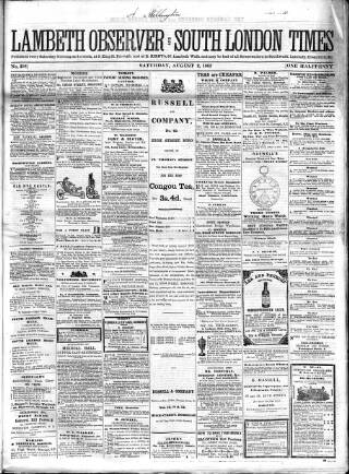 cover page of South London Times and Lambeth Observer published on August 2, 1862